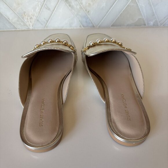 Stuart Weitzman Gold Perla Flat Mule Pearl Chain Size 8 New - Picture 4 of 10